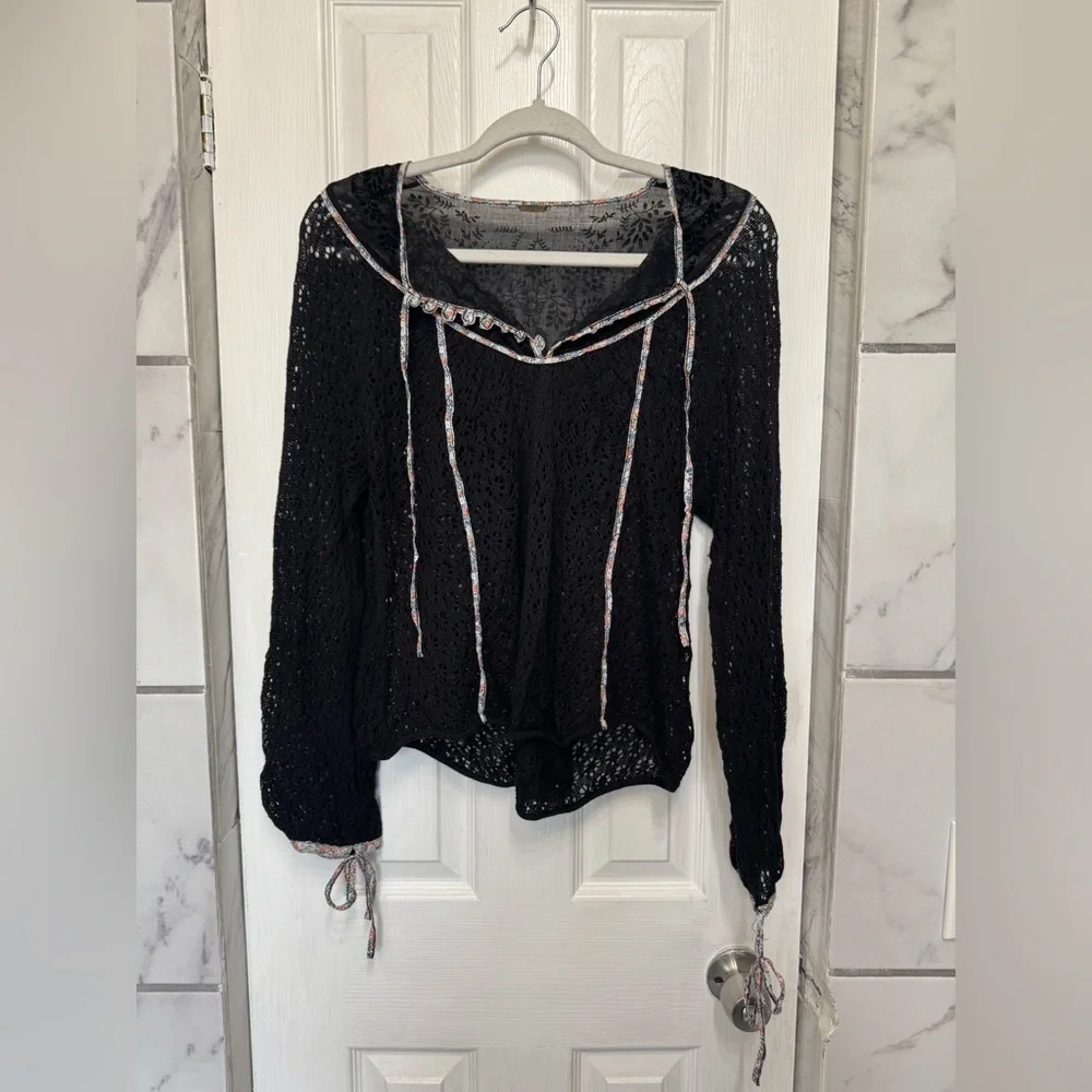 Free People Black Lace Long Sleeve Women’s Top Boho Festival